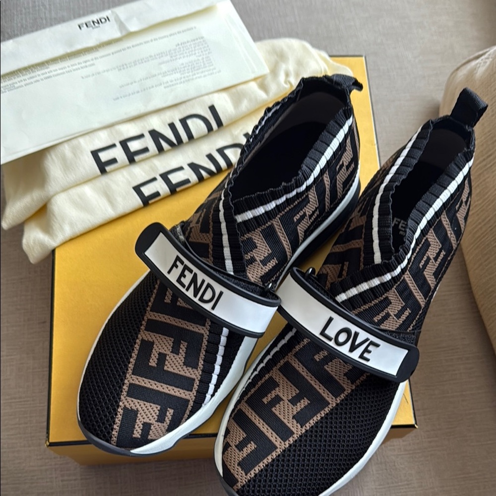 Fendi Black and Tan Logo Slip-On Sneakers